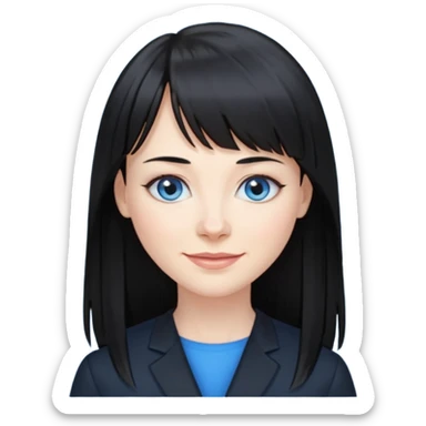 40 yr old woman long straight black hair, pale skin, blue eyes, black clothes, small smile, bangs sticker