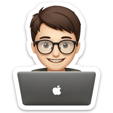 smiling coder with big glasses and buck teeth, working on a laptop, simple, clear emoji style sticker