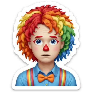 Rainbow-colored curly wig (red, yellow, green, and blue).

White face paint with blue eye makeup and a red nose.

Wearing orange suspenders over a blue shirt.

Sad, frowning expression. sticker