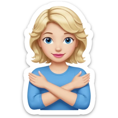 Girl Blonde short wavy hair,  blue eyes, cute blue top, long lashes, pink lips, smiling, making cross arms with arms  sticker