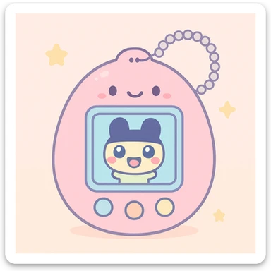 Tamagotchi virtual pet device, kawaii style, pastel colors, egg shaped, three buttons, Mametchi on screen, keychain, adorable face on the device sticker