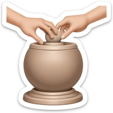 thumb pressing side of a clay ball down onto a silver pottery wheel, thumb at the bottom of the clay, pottery gesture sticker