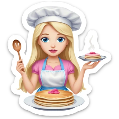Cinematic realistic beautiful blonde with long hair, blue eyes and pink lips in a white dress cooks pancakes sticker