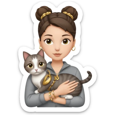 a white girl with brunette hair in a one single bun holding a grey cat. the girl has long lashes and has on a grey zip up that is half way zipped  and under a white shirt and gold jewelry that is gold bracelets. sticker