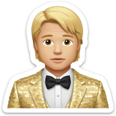 Brad Pitt with golden blonde hair, cream sequin suit with bow tie sticker