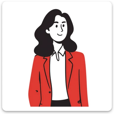 brunette woman with wavy hair, wearing a white dress shirt and red blazer sticker