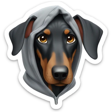 cute doberman wearing a grey baggy hoodie sticker
