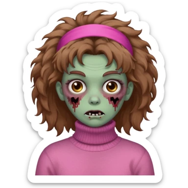 brown fluffy haired zombie with pink turtleneck sweater and hair band sticker