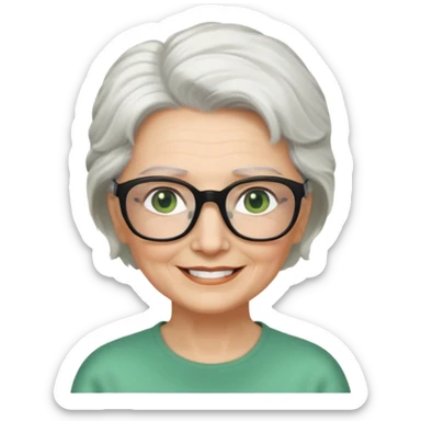 White hair grandma, green eyes, hair to shoulder, lokeg black glasses, rectangles face, smile , sticker