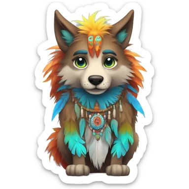 Anthro Fluffy Colorful Shy Spiritual Shamanic WereWolf With Shiny Tribal Markings wearing feathers Full Body sticker