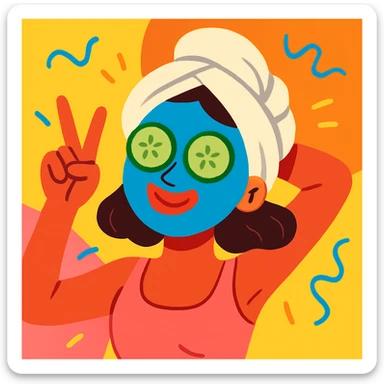 lady with a blue spa face mask, cucumber slices on eyes, relaxing, playful, vibrant colors sticker
