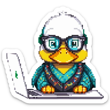 Animated duck wearing glasses, programming Python on a laptop sticker