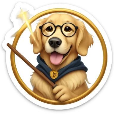Golden retriever in hogwarts robes holding a wand in mouth wearing circular framed glasses sticker