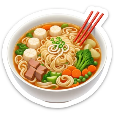 Henan Stewed Noodles with clear soup and vegetables, simplified emoji style with bold outlines and bright colors, cartoon style traditional Hui Mian in bowl sticker