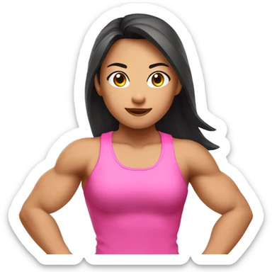 Athletic Asian girl show biceps wearing pink sticker