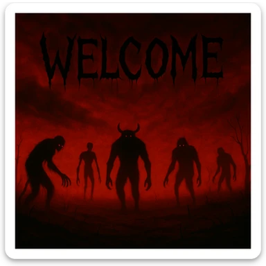 Add the word 'Welcome' in creepy, horror-themed text, integrated into the apocalyptic monsters banner. The text should have a dark, menacing style that fits the apocalyptic and monstrous theme. sticker