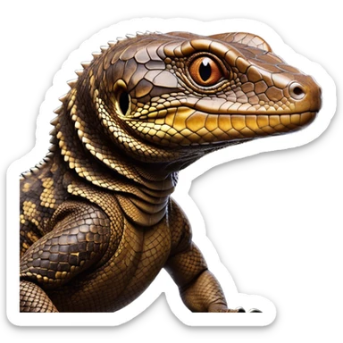 Cinematic Noble brown camo monitor Lizard Portrait Emoji, Poised and regal, with a robust, scaled body exhibiting striking, mottled patterns and piercing, alert eyes, Simplified yet sharp and sophisticated features, highly detailed, glowing with a soft, earthy glow, high shine, intelligent and formidable, stylized with an air of ancient wilderness, focused and commanding, soft glowing outline, capturing the essence of a watchful and confident reptilian guardian that appears ready to stride out of the screen with effortless authority! sticker