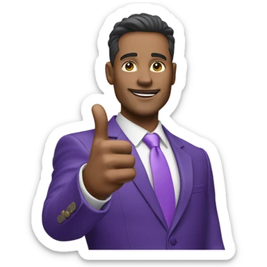 Business man in purple suit multimillionare, points with one arm upwards, white skin sticker
