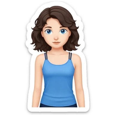 a girl with dark brown wavy hair, with gray-blue eyes, in a blue tank top with thin straps sticker