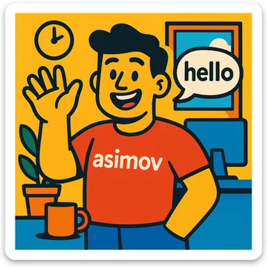 a cheerful office worker in a red 'asimov' t-shirt, waving hand, speech bubble with 'hello', vibrant toon style sticker