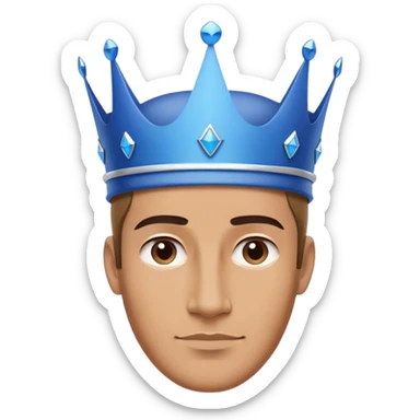 A friendly-looking, clean-shaven man wearing a large blue crown that is bigger than his face. The crown is completely plain, with no details, no gemstones, and no decorations — just a smooth surface with a wide base. The style is ultra-minimalist and modern, inspired by Apple product aesthetics sticker