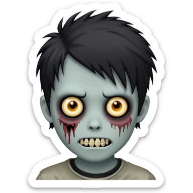 zombie boy, black shaggy hair, emo look, dark circles under eyes, sinister grin sticker