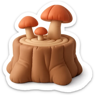a tree stump cake topped with mushrooms, forest dessert concept, cushion style sticker