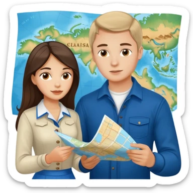Russian young man and elegant fair-skinned Latina girl in costal outfits with a map planning  sticker
