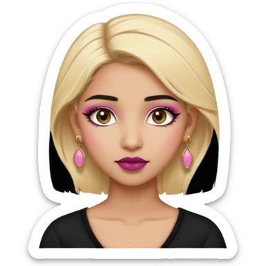 Sweet Indian girl blonde hair darkbrow eyes brown lipstick, pink blush, black top gold earrings, brown eyebrows gold eyeshadow  sticker