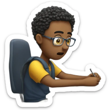 Sitting at his desk Terrified student learning stressed out for exam on desk lots of wires sticker