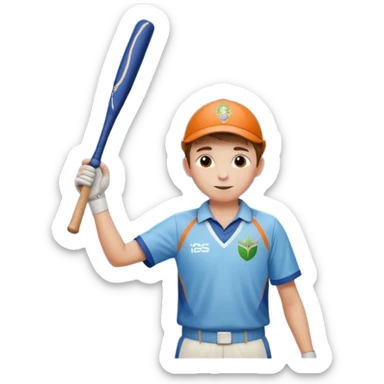 A boy standing in  cricket ground lifting his bat upwards and looking the sky after completing his century sticker