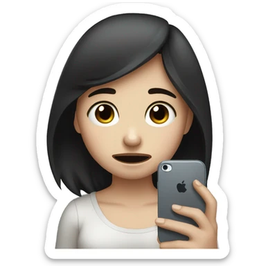 A girl with white skin and dark hair is crying, tears, holding her phone in her hand and pressing her finger on it and looking into it   sticker