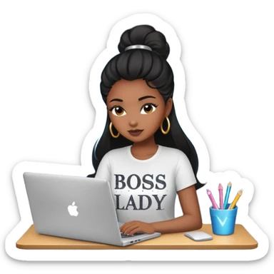 black pretty girl working hard with sparkles on laptop "boss lady" spelled out on shirt sticker