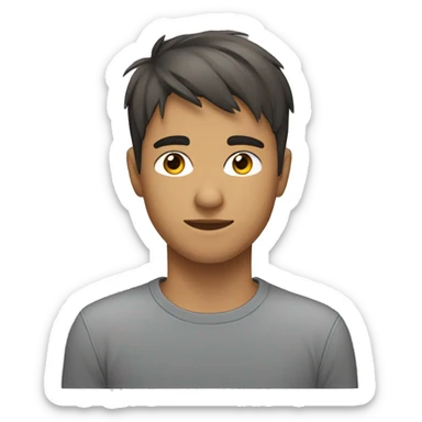 18 year old, male, brunete, short sideways fringe, grey tshirt sticker