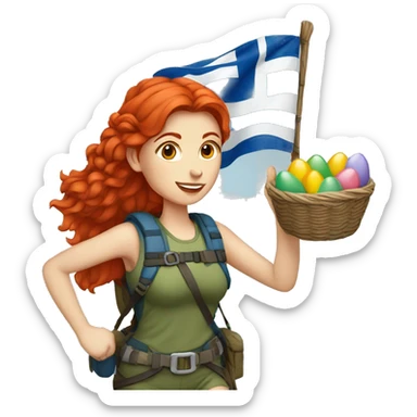 Female mountaineer red hair climbing with Greek flag and holding Easter eggs basket sticker