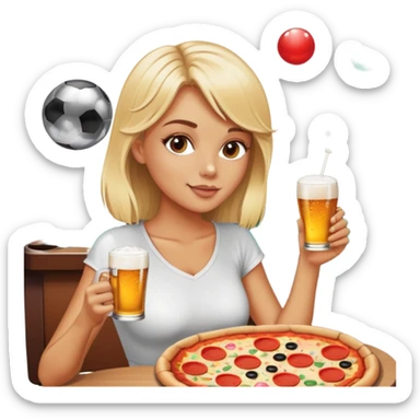 Blond girl eating slice of pizza and drinking beer in sunshine with a disco ball and pool table in the background sticker