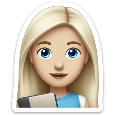 caucasian white IT girl student, holding laptop, blue eyes, brown hair sticker