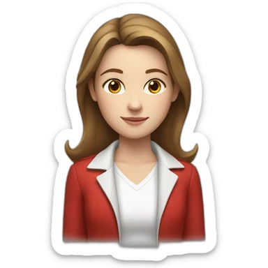 Young white woman, brown hair, wearing white shirt and red jacket, both hand above her shoulders  sticker