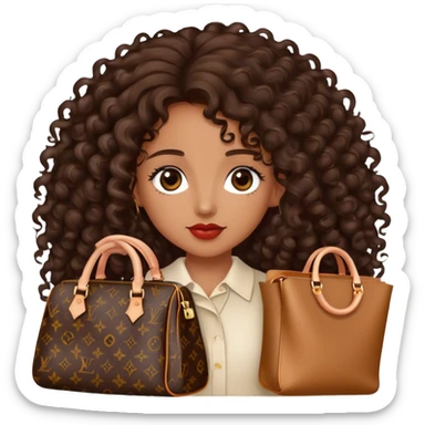 Medium Brown girl with long dark brown long curly hair carrying a Louis Vuitton bag on her arm sticker