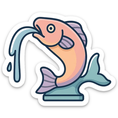 slim elongated fountain in the shape of a stretched fish with a water stream flowing from its mouth, eastern style, detailed drawing with shadows and highlights, thin clean contours, soft rounded shapes, pastel palette #98B5BC, #B5B3C1, #C9A3C9, #E4C0CA, #F7DCD1, #F7C0AA, modern Japanese pop art and sticker aesthetics, soft lighting, transparent background, no base or stand sticker