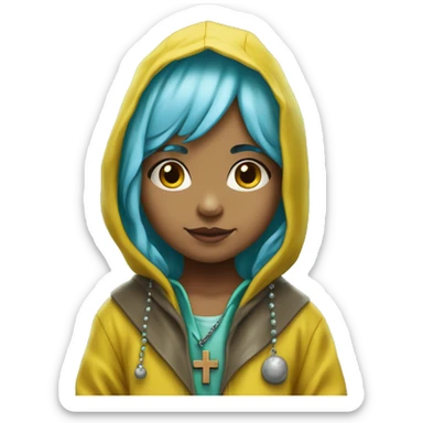 Cute little girl with light blue hair wearing a yellow raincoat hood up with rosary with a cross and green muddy boots sticker