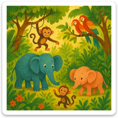 digital illustration of jungle safari in the style of children's story book sticker