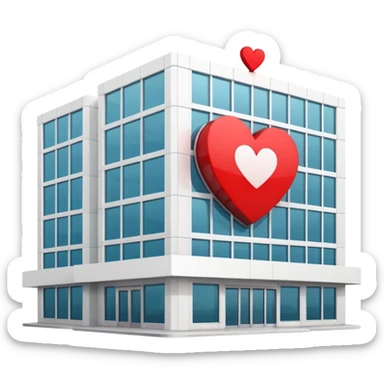 hospital building with a heart symbol sticker