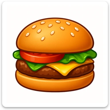 A classic single patty hamburger emoji,, glossy and colorful. Soft rounded bun with sesame seeds, one beef patty, fresh lettuce, ONE tomato slice, melted cheese, realistic but cartoonish look, clean white background sticker
