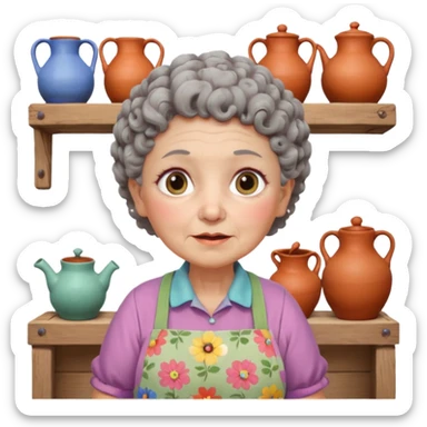 cartoon Apple iOS emoji style rural elderly woman, chubby face, short gray curly hair, flowery blouse, colorful apron, big expressive eyes, pastel colors, Chilean wooden kitchen background, clay pots, warm light, detailed and clean vector art sticker