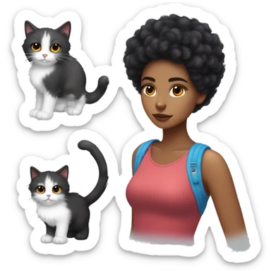 Fluffy cat with more black than white with Latina teen who has red and blue split dyed hair sticker
