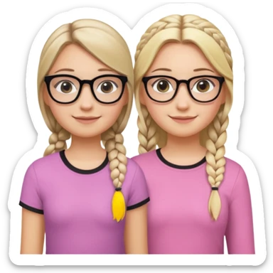 Two girls a taller girl with a black shirt and glasses dirty blonde long hair in a braid and eyeliner, second shorter girl with light blonde shoulder length straight hair with a side part and a pastel pink shirt sticker