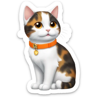 happy cute tortoiseshell white cat with orange cat collar full body from half side perspective  sticker