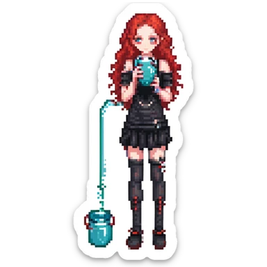 full body goth girl with red curly hair drinking water sticker