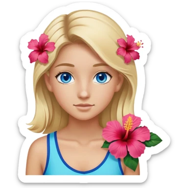 preppy coastal teen girl with blue eyes, beach blonde hair, tan skin, hibiscus flower in her ear, preppy beach outfit sticker